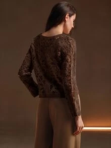 Anewsta 女款休閒長袖針織衫，鉤編風格鏤空樹紋設計，女款休閒穿搭 - 咖啡棕 - 查看 7