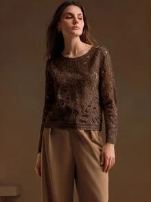 Anewsta 女款休閒長袖針織衫，鉤編風格鏤空樹紋設計，女款休閒穿搭 - 咖啡棕 - 查看 6