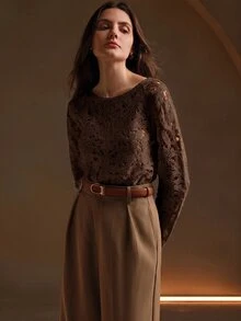Anewsta 女款休閒長袖針織衫，鉤編風格鏤空樹紋設計，女款休閒穿搭 - 咖啡棕 - 查看 4