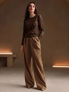 Anewsta 女款休閒長袖針織衫，鉤編風格鏤空樹紋設計，女款休閒穿搭 - 咖啡棕 - 查看 5