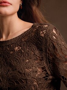 Anewsta 女款休閒長袖針織衫，鉤編風格鏤空樹紋設計，女款休閒穿搭 - 咖啡棕 - 查看 1