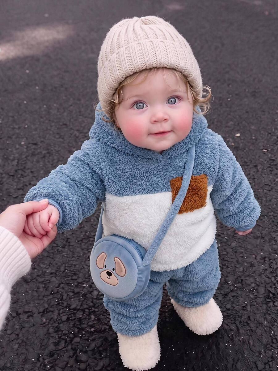 SHEIN 2pcs Baby Boy Cute Autumn/Winter Casual Colorblock Fuzzy Hooded Sweatshirt & Pants Set, Plush Outfit, Infant Set, Autumn/Winter Set - Multicolor - View 1