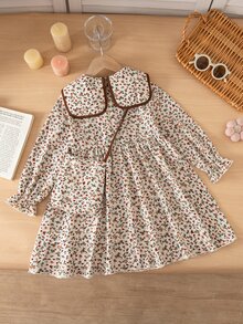 Emery Rose Kids Emery Rose Kids 小女孩童裝可愛花朵印花風格秋季穿搭 棕色蝴蝶結洋裝 - 彩色 - 查看 7