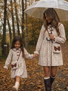 Emery Rose Kids Emery Rose Kids 小女孩童裝可愛花朵印花風格秋季穿搭 棕色蝴蝶結洋裝 - 彩色 - 查看 5
