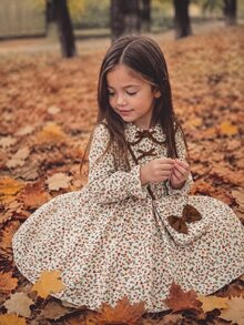 Emery Rose Kids Emery Rose Kids 小女孩童裝可愛花朵印花風格秋季穿搭 棕色蝴蝶結洋裝 - 彩色 - 查看 3