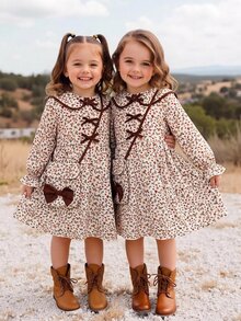 Emery Rose Kids Emery Rose Kids 小女孩童裝可愛花朵印花風格秋季穿搭 棕色蝴蝶結洋裝 - 彩色 - 查看 4