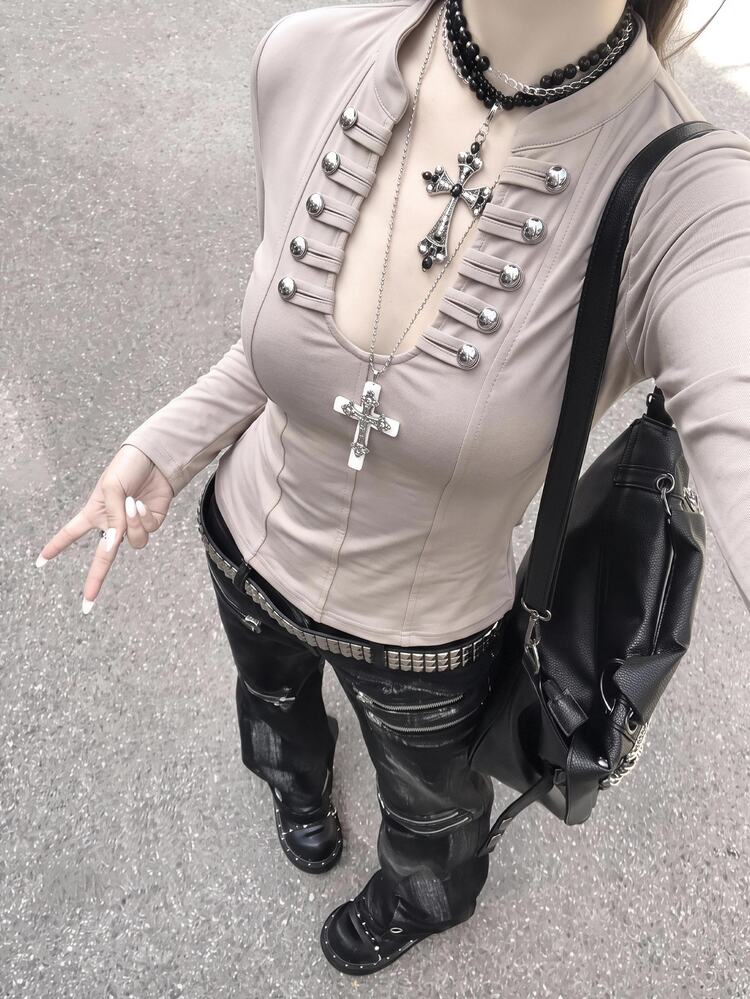 Attitoon Y2K Napoleon Vintage-Style Buttons Solid Color Button Design Long Sleeve Casual T-Shirt - Khaki - View 3