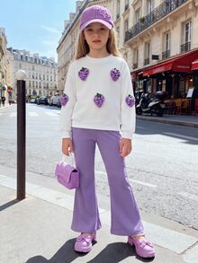 Elladie kids 女童秋季 2 件套 白色 3D 葡萄裝飾長袖衛衣套頭衫 紫色羅紋喇叭寬腿褲套裝 春秋幼兒服飾 - 淡紫色 - 查看 3