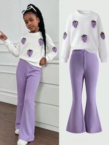 Elladie kids 女童秋季 2 件套 白色 3D 葡萄裝飾長袖衛衣套頭衫 紫色羅紋喇叭寬腿褲套裝 春秋幼兒服飾 - 淡紫色 - 查看 8