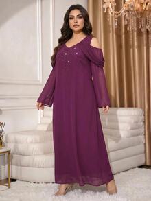 Al Najma Plus Size Women's Elegant Rhinestone Off-Shoulder Arabian Dress - Red Violet - View 5