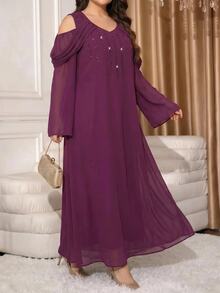 Al Najma Plus Size Women's Elegant Rhinestone Off-Shoulder Arabian Dress - Red Violet - View 6