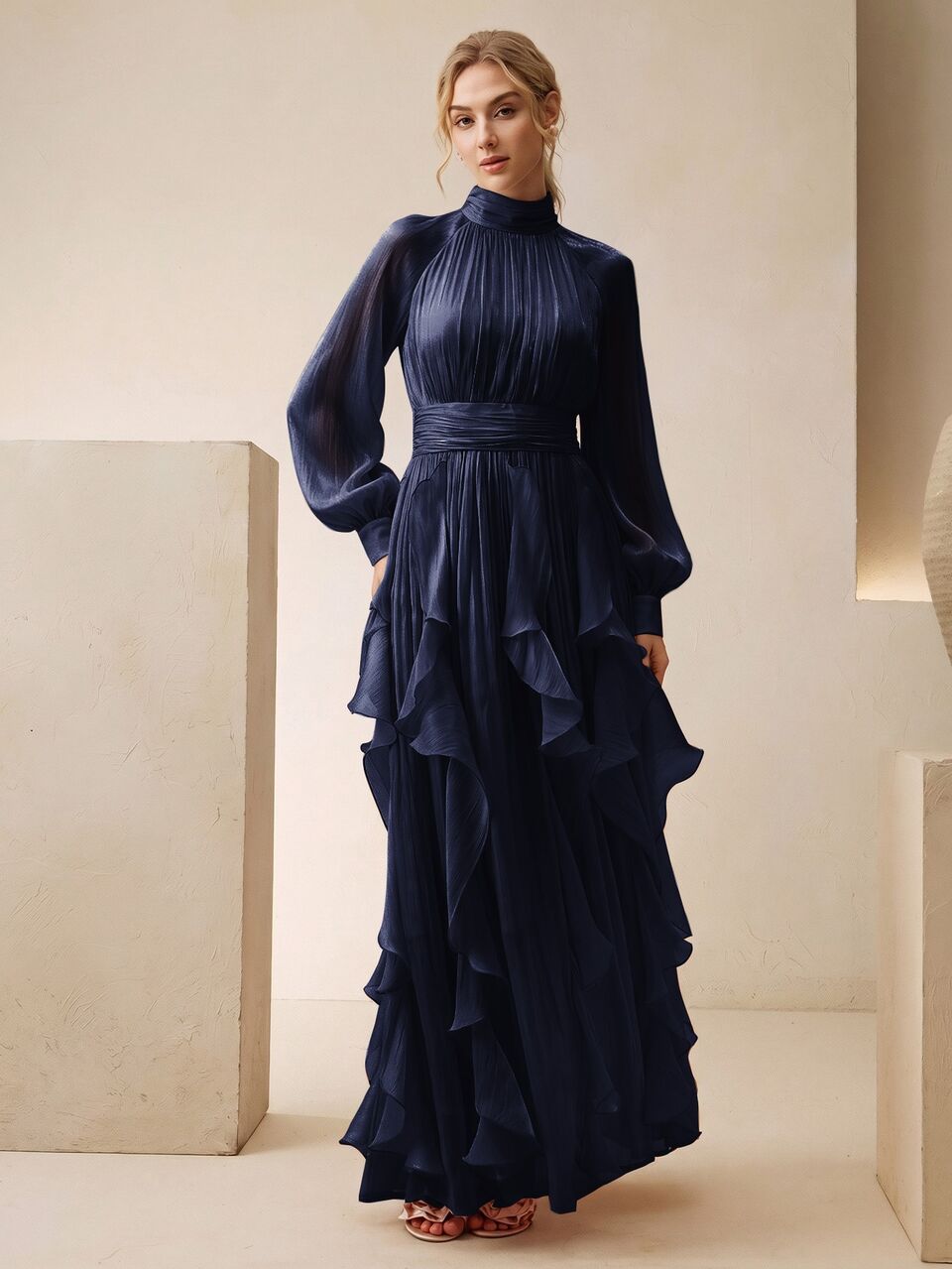 Anewsta Women's New Autumn/Winter Elegant Long Sleeve Halter Neck Dress With Ruched Waist, Slimming Glossy Wavy Hem Full Skirt, Navy Blue, Suitable For Banquet, Party, Gathering