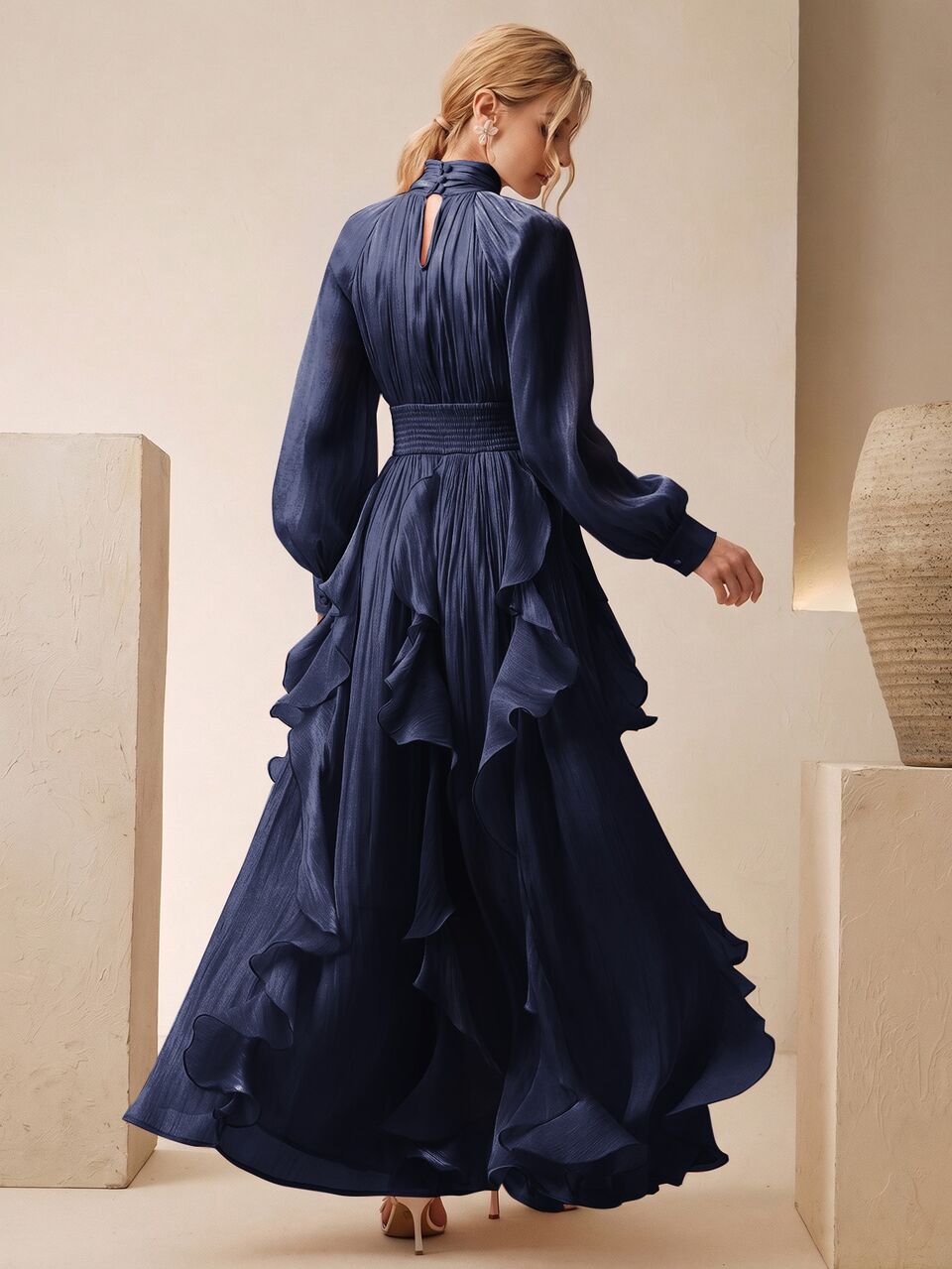 Anewsta Women's New Autumn/Winter Elegant Long Sleeve Halter Neck Dress With Ruched Waist, Slimming Glossy Wavy Hem Full Skirt, Navy Blue, Suitable For Banquet, Party, Gathering