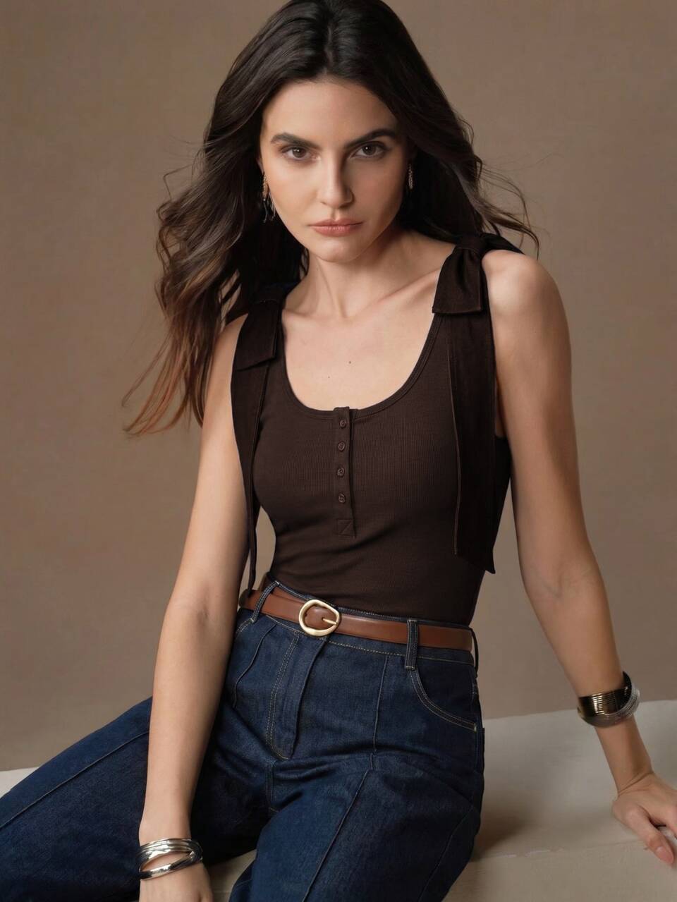 Women's New Elegant Bow Tie Strap Design Button Tank Top, Suitable For Spring/Summer Parties, Dates, Daily Commute, Layering Top