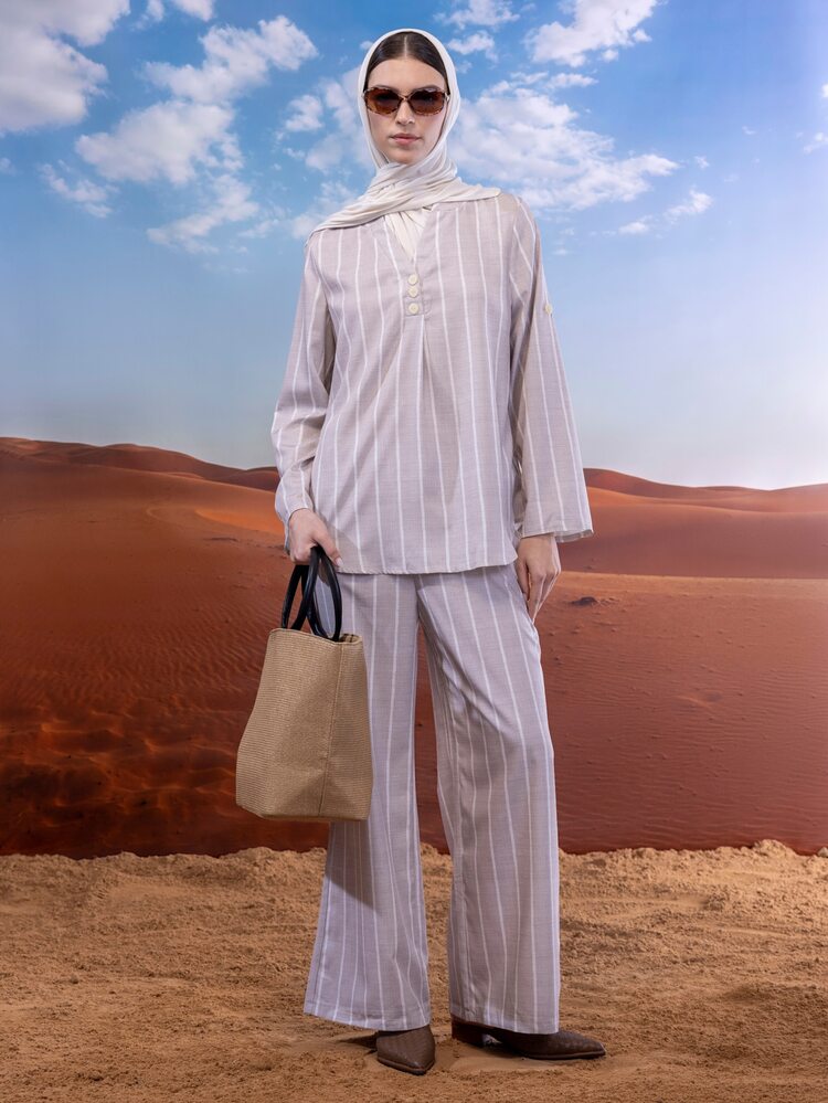 Rusticease Women's Casual Long Pants, Striped Set, Summer, Commute, Elegant, Long Sleeve Shirt Set, Outing Outfit, Suitable For Daily Commute, Date, Party, Autumn/Winter/Spring/Summer, Christmas, New Year, Thanksgiving, Party, Wedding, Beach, Graduation, Fashion, Elegant, Casual, Outing, Date, Appointment, Commute - Multicolor - View 7