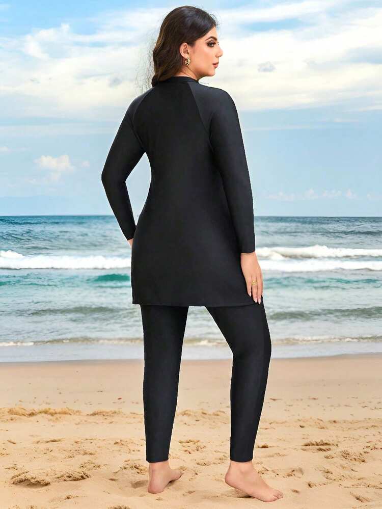 Swim Mulvari 大码女式纯色长袖中长款保守布基尼上衣，带刺绣装饰 - 黑色 - 查看 2