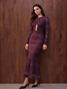 Anewsta Autumn/Winter Sexy Vintage Pleated Hollow-Out Mermaid Purple Dress - Purple - View 1