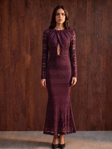 Anewsta Autumn/Winter Sexy Vintage Pleated Hollow-Out Mermaid Purple Dress - Purple - View 4