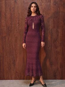 Anewsta Autumn/Winter Sexy Vintage Pleated Hollow-Out Mermaid Purple Dress - Purple - View 6