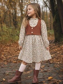 Emery Rose Kids Emery Rose Kids 女童小女孩花卉圓領泡泡袖A字蛋糕裙 開學季長袖派對洋裝 - 彩色 - 查看 3