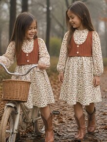 Emery Rose Kids Emery Rose Kids 女童小女孩花卉圓領泡泡袖A字蛋糕裙 開學季長袖派對洋裝 - 彩色 - 查看 2