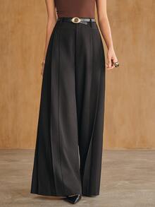 Anewsta Women's Autumn/Winter Modern Commute Elegant High Waist Pleated Drape Slimming Wide Leg Skorts - Black - View 3