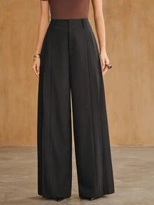 Anewsta Women's Autumn/Winter Modern Commute Elegant High Waist Pleated Drape Slimming Wide Leg Skorts - Black - View 6