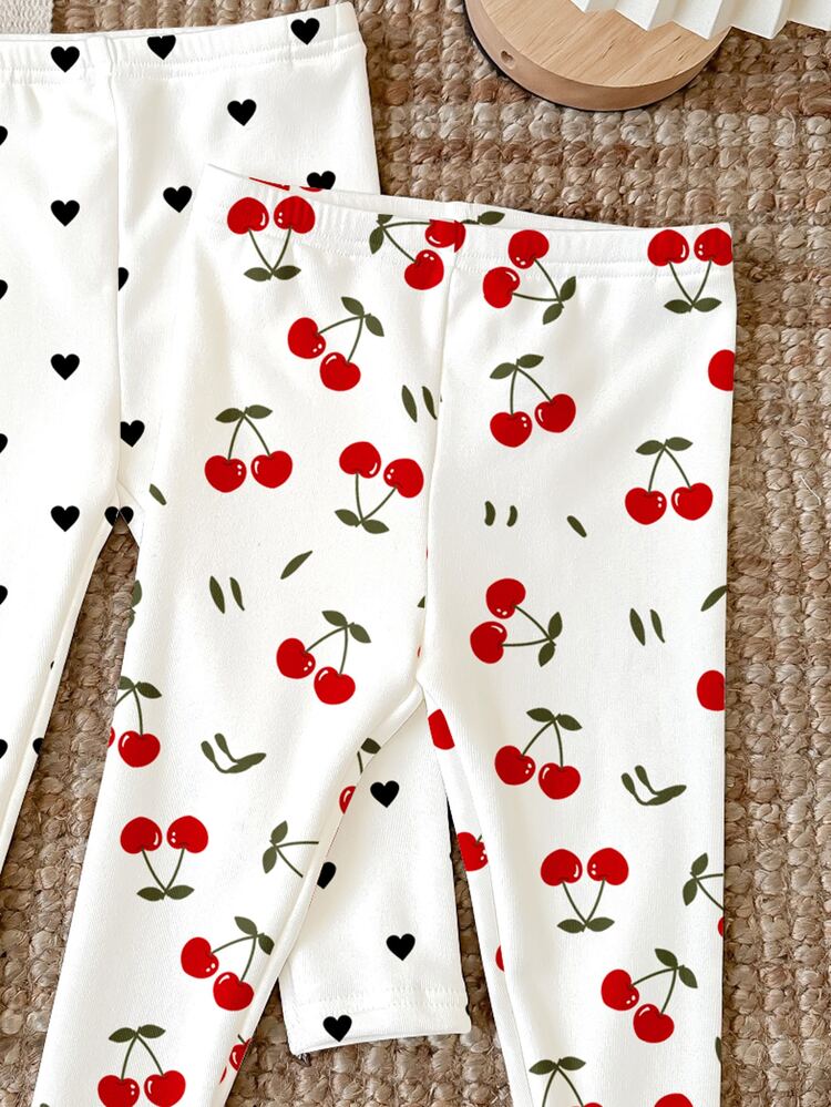 SHEIN Baby Girl Cute Pink Floral Vintage ,Mini Heart Graphic Knit Elastic Waist Winter Leggings For Summer,Graduation & Everyday Wear - Multicolor - View 4