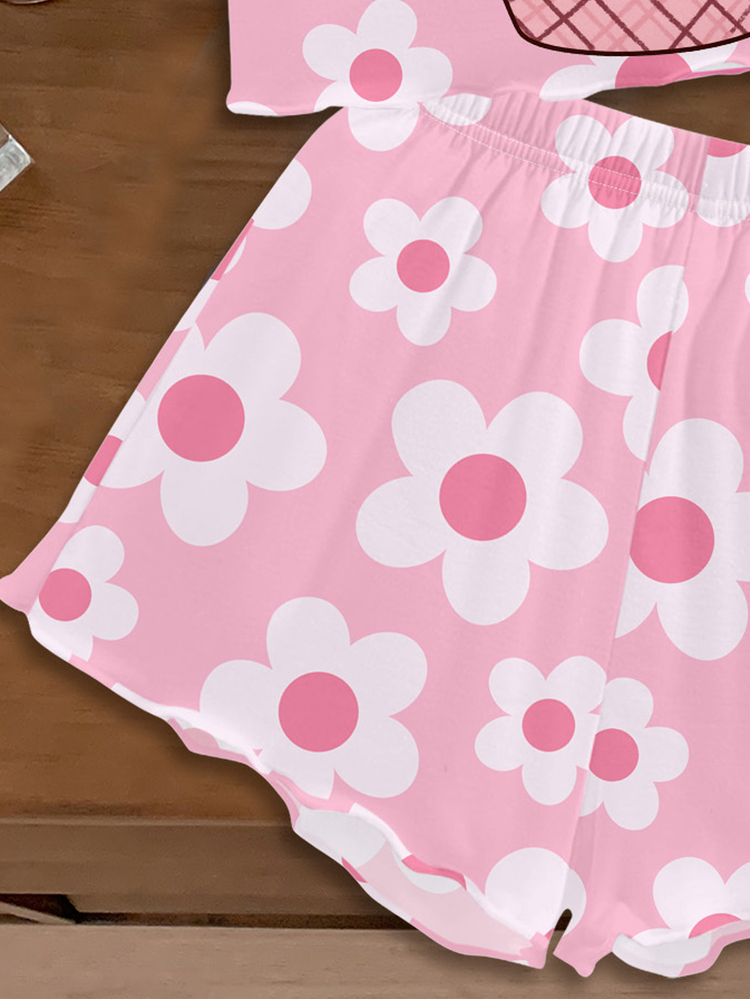 Cute Print, Pink Floral , Tween Girl Casual Minimalist Fitted Camisole Top And Shorts Loungewear Suitable For Summer - Multicolor - View 4