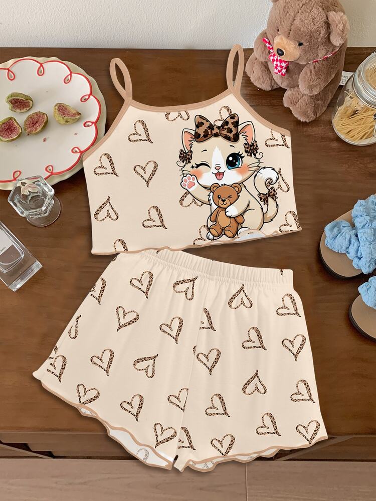 Cute Cartoon Rabbit Print, Heart Leopard Bow Dopamine, Tween Girl Casual Minimalist Slim Fit Camisole Top And Shorts Loungewear Suitable For Summer - Multicolor - View 1