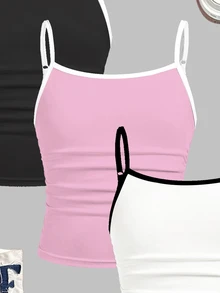 SHEIN Girlism Tween女孩彩色對比百搭Y2K返校風修身休閒運動細肩帶背心百搭3件套 - 彩色 - 查看 3