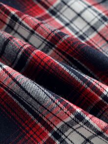 ROMWE MEN 男士格紋布料刺繡圖案寬鬆版型開襟連帽衛衣 - 紅色 - 查看 6