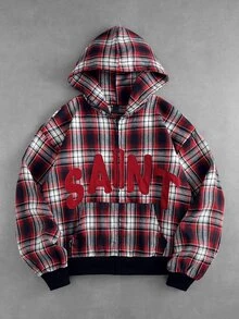 ROMWE MEN 男士格紋布料刺繡圖案寬鬆版型開襟連帽衛衣 - 紅色 - 查看 8