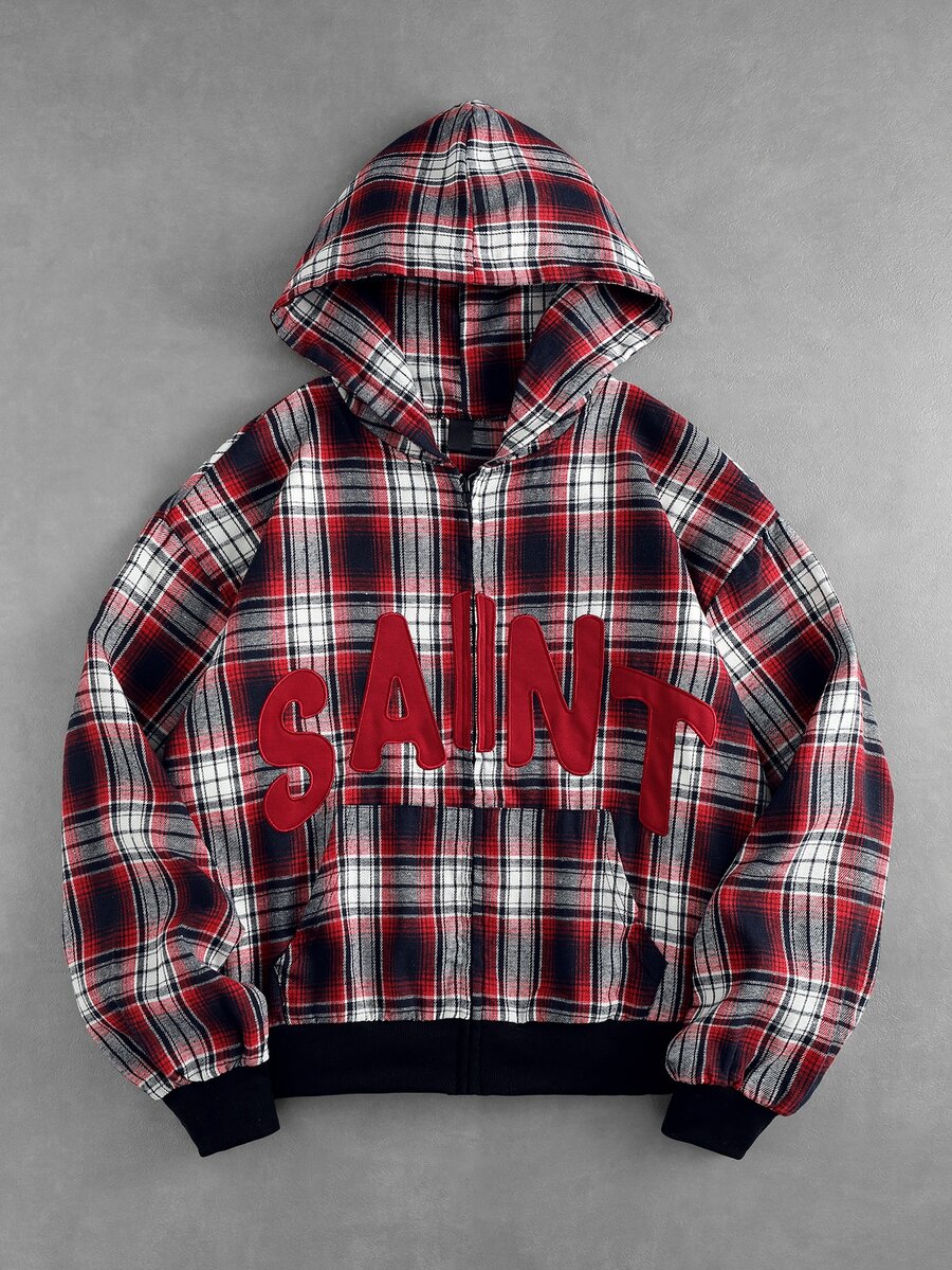 ROMWE MEN Men's Plaid Fabric Embroidered Pattern Loose Fit Open Front Hooded Sweatshirt - Red - View 1