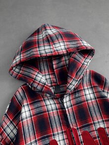 ROMWE MEN 男士格紋布料刺繡圖案寬鬆版型開襟連帽衛衣 - 紅色 - 查看 4