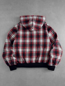 ROMWE MEN 男士格紋布料刺繡圖案寬鬆版型開襟連帽衛衣 - 紅色 - 查看 2