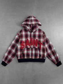 ROMWE MEN 男士格紋布料刺繡圖案寬鬆版型開襟連帽衛衣 - 紅色 - 查看 1