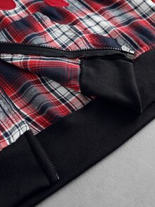 ROMWE MEN 男士格紋布料刺繡圖案寬鬆版型開襟連帽衛衣 - 紅色 - 查看 5
