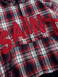 ROMWE MEN 男士格紋布料刺繡圖案寬鬆版型開襟連帽衛衣 - 紅色 - 查看 3