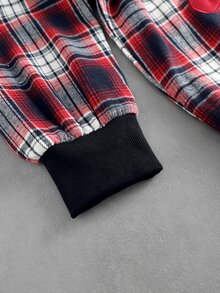 ROMWE MEN 男士格紋布料刺繡圖案寬鬆版型開襟連帽衛衣 - 紅色 - 查看 7