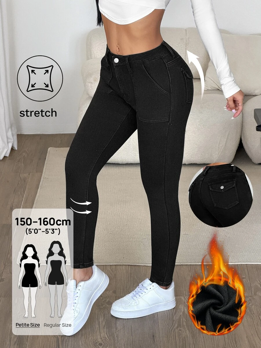 SHEIN PETITE 女款時尚性感鈕扣口袋牛仔褲 秋冬 正式商務優雅 基本款 哥德風 萬聖節聖誕節節慶 絨毛加絨 PETITE - 黑色 - 查看 1