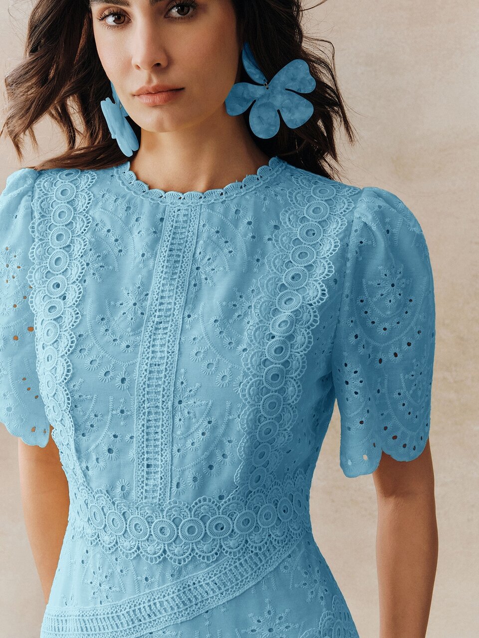 Anewsta Elegant Floral Trim Round Neck Waist Cinched Short Sleeve Dress For Women Vacation Light Blue Summer
