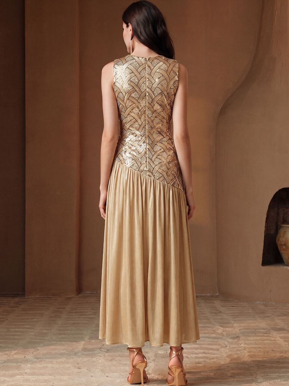 Anewsta Spring/Summer Luxury Style Champagne Gold Sequin Patchwork Chiffon Round Neck Sleeveless Women's Dress