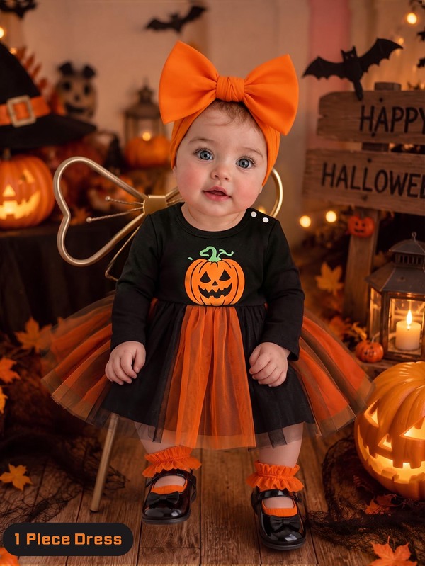 SHEIN Newborn Baby Girls Tutu Dress Cute Elegant Black Orange Pumpkin Bow Mesh Long Sleeve Round Neck Regular Halloween Party Autumn Princess Ballet Outfit