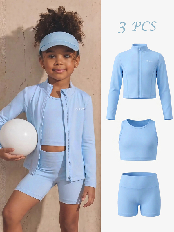 SHEIN Young Girls Activewear 3pcs Set, Autumn New Arrival, Back To School New Style, Light Blue, Jacket + Tank Top + Shorts. Soft And Comfortable, Fall, Gym