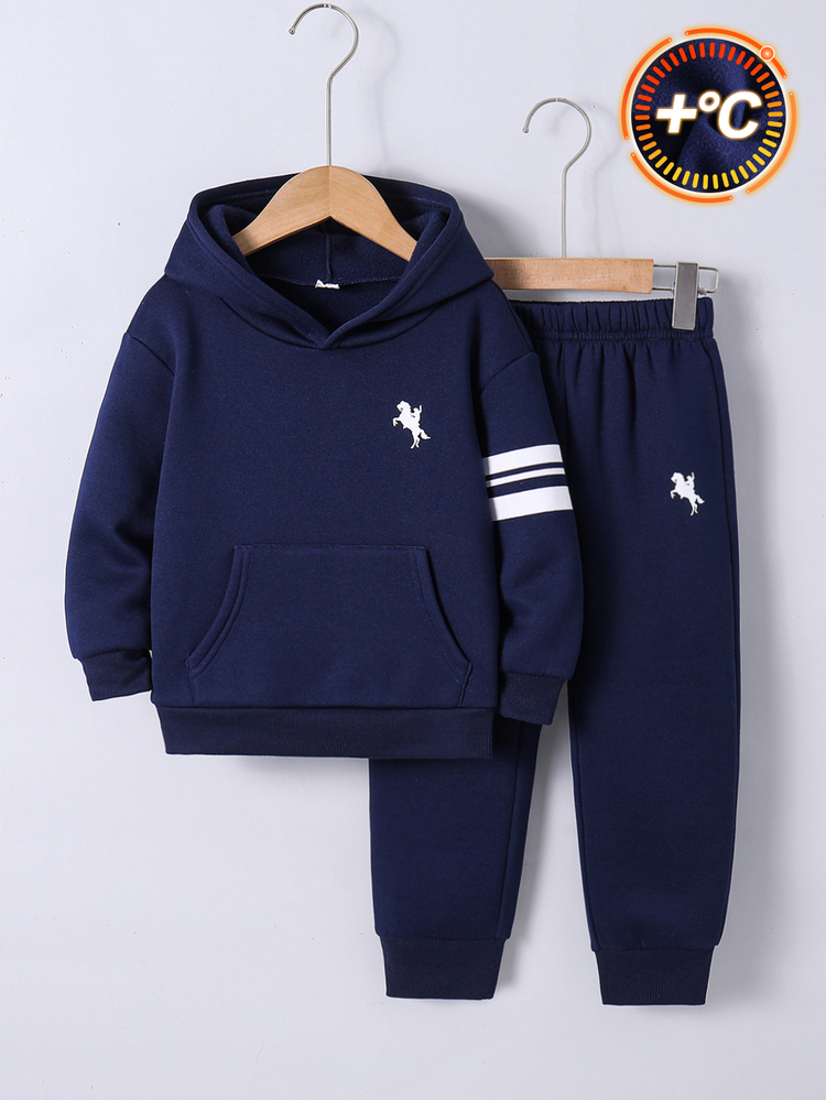 SHEIN Young Boy Horse & Striped Print Kangaroo Pocket Hoodie & Sweatpants Set - Multicolor - View 4