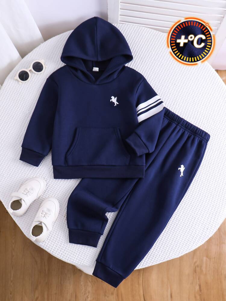 SHEIN Young Boy Horse & Striped Print Kangaroo Pocket Hoodie & Sweatpants Set - Multicolor - View 8