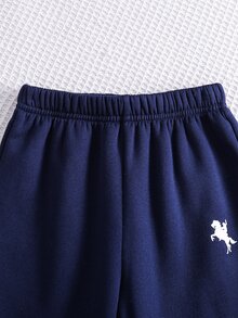 SHEIN 小男孩馬匹與條紋印花袋鼠口袋連帽衛衣與運動長褲套裝 - 彩色 - 查看 7