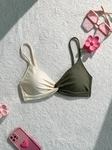 Swim Chiccia 女款夏季海灘拼色性感扭結設計比基尼上衣 - 彩色 - 查看 2