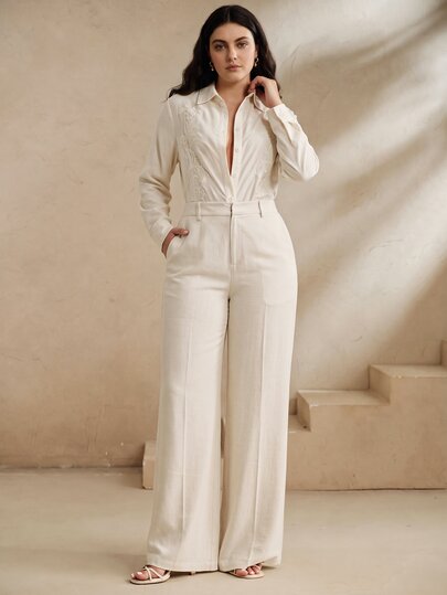 Anewsta Conjuntos Femininos, Cor Sólida de Verão Moderno Elegante, Calça Branca Solta de Perna Larga Casual Urbana, Plus Size Formal